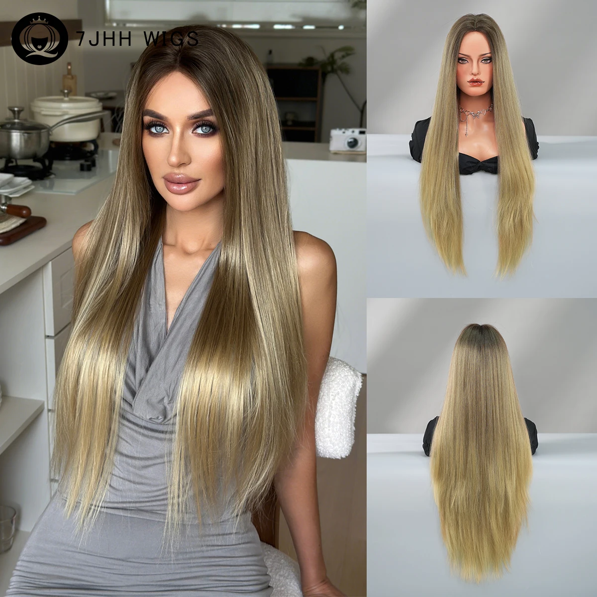 7JHH WIGS Lange, gerade, champagnergoldene Perücke für Damen, schlichte, modische, synthetische Perücke mit Mittelteil und aschblonden Haaren mit dunklen Ansatzstufen