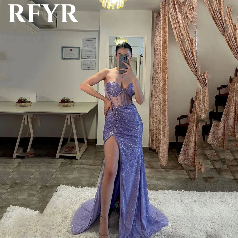 

RFYR Shining Purple Prom Dress Sexy Sweetheart Mermaid Party Dresses Side Split Women Evening Dress Sleeveless Robe De Soirée