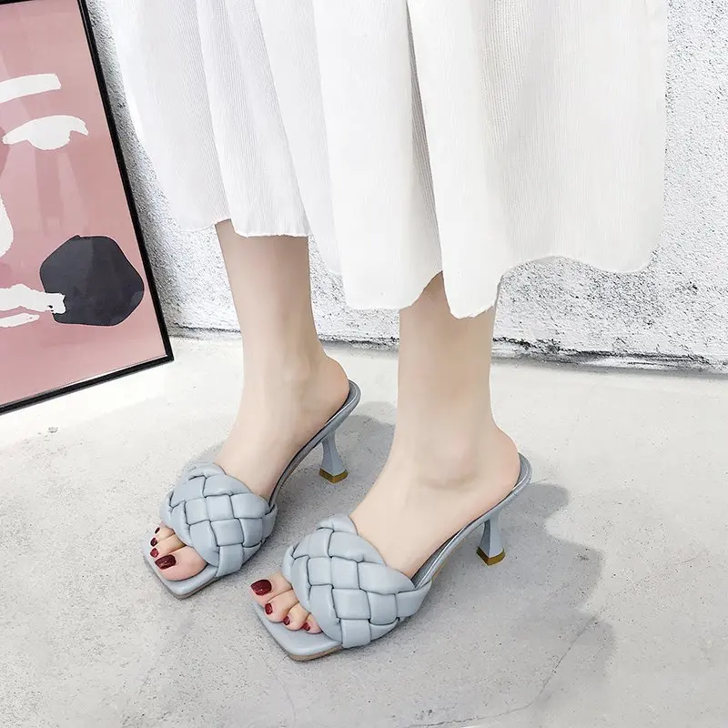 Summer Fashion Women's Square Toe Woven Sandals Luxury Brand Designer Sandals Comfortable Office and Casual Women's High Heels view 3