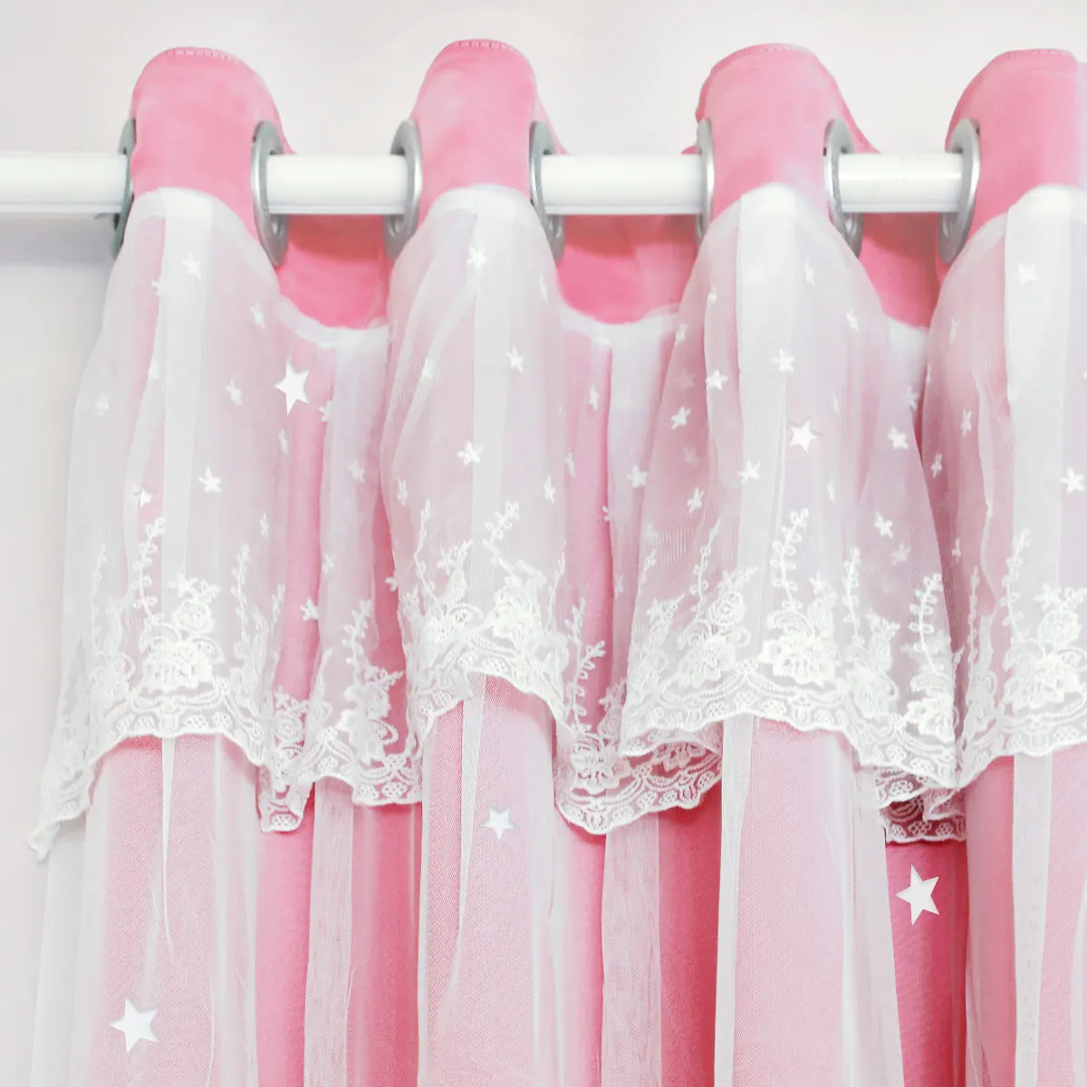 2pcs Pink Star Cutout Double Layer Curtains, Korean Princess Style, Lace Valance, Thermal Insulation Privacy Window Drapes f