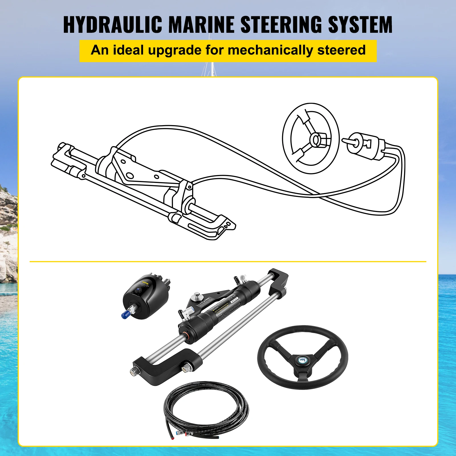 VEVOR 300HP Hydraulic Outboard Steering Kit With Helm Pump Cylinder Wheel 10-24FT Hose HK6400A-3 HO5124 Marine Boat Accessories