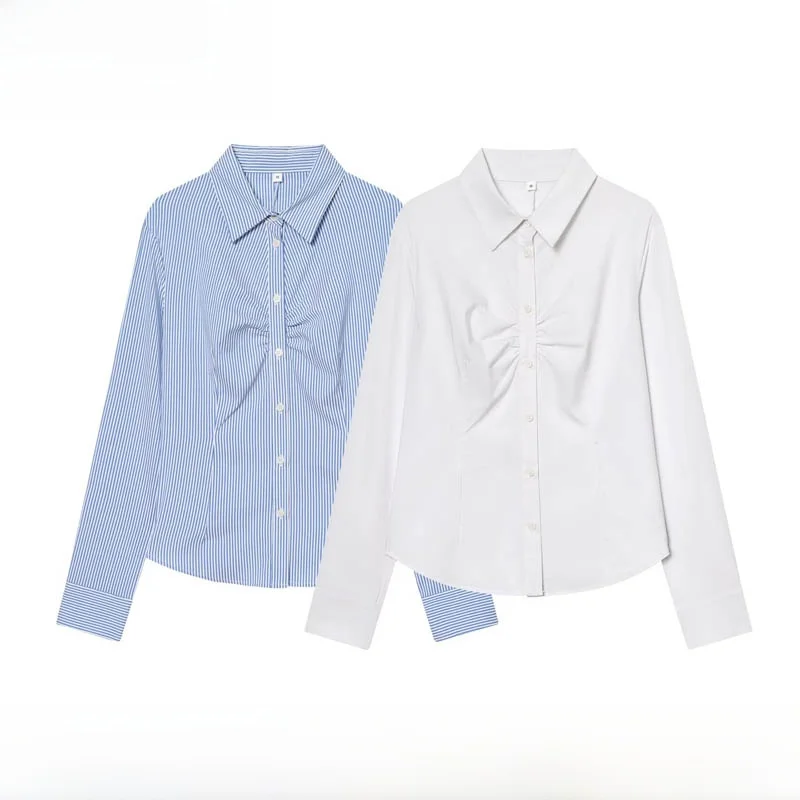 Faionable Long Sve col plissé femmes irt coupe ajustée fibre de Polyester trajet Sle automne hiver nouveauté