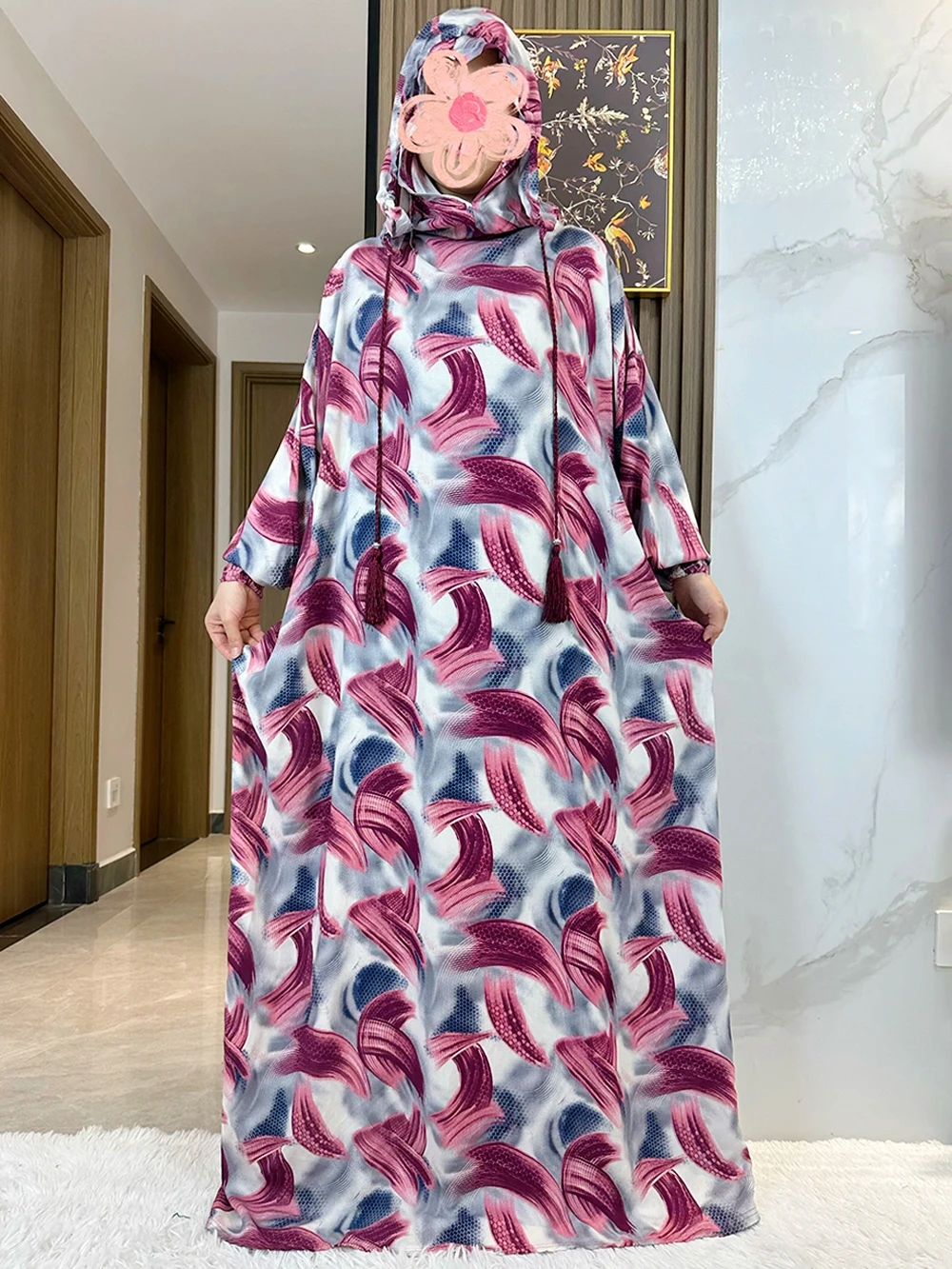 Newest  Ramadan Muslim Two Hats Abaya Dubai Turkey Islam Prayer Clothes Floral Cotton Fabric Dresses Islam Women Dress Kaftan