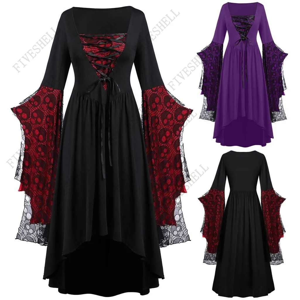 2023 Halloween Schädel Spitze Glocke Ärmel Kleider Frauen Vintage keltische mittelalter liche Renaissance Gothic Cosplay Damen elegantes Kostüm