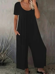 Summer Chic Solid Casual Pockets Jumpsuit Crew Neck Short Sleeve Wide Leg Long Pant Versatile Outfit Plus Size Women's Clothing