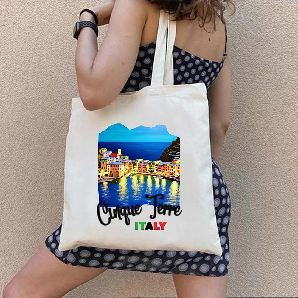 Sac fourre-tout en toile de Cinque Terre Italia, sacs à main de plage décontractés, peinture italienne, interconnexion de paysage, initié au shopping, Harajuku