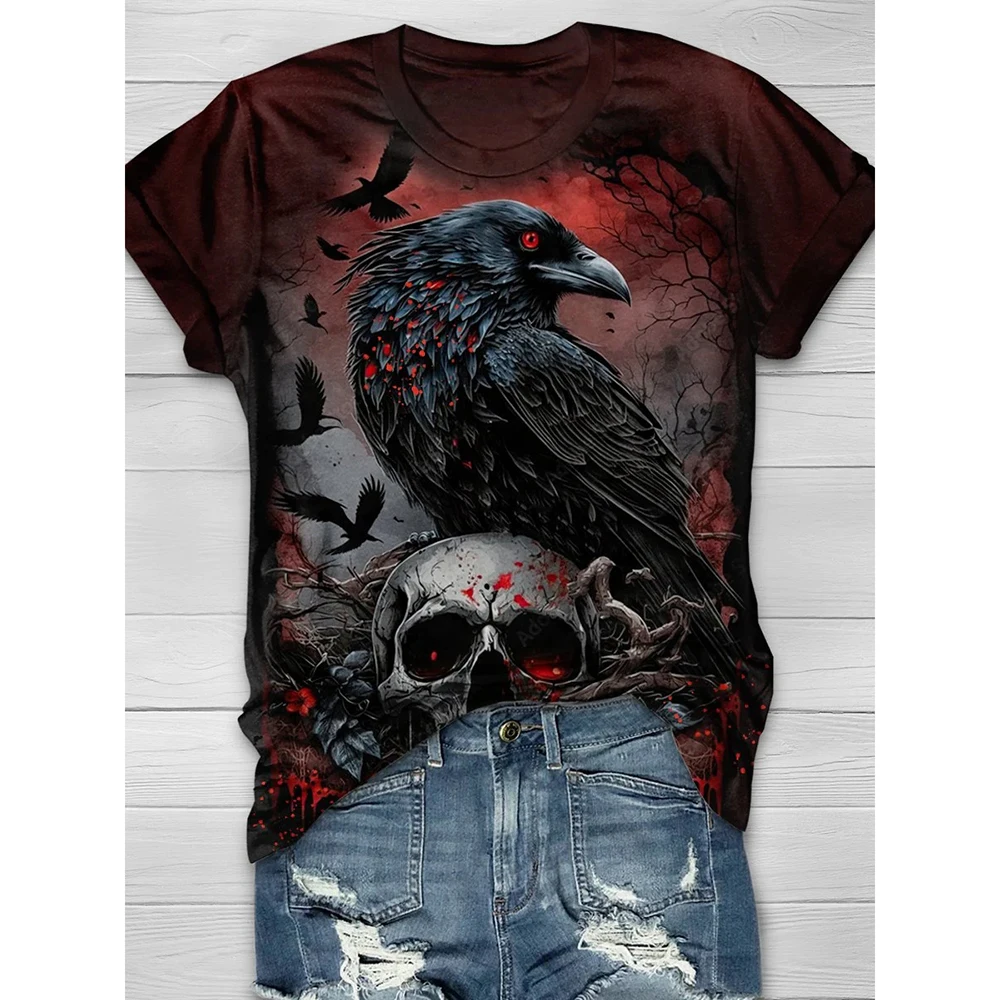 3d Gothic Skull Print T-Shirt Aesthetic Y2k E-Girl Crop Tops Short Sleeve Tees Harajuku Streetwear Women 2000s Black Clothes