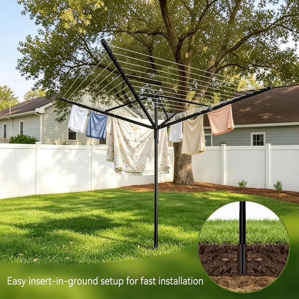 Adjustable 4-Arm Outdoor Clothes Drying Rack with Rotating Feature, Height Adjustable, Ground Spike, and Waterproof Cover for Pa
