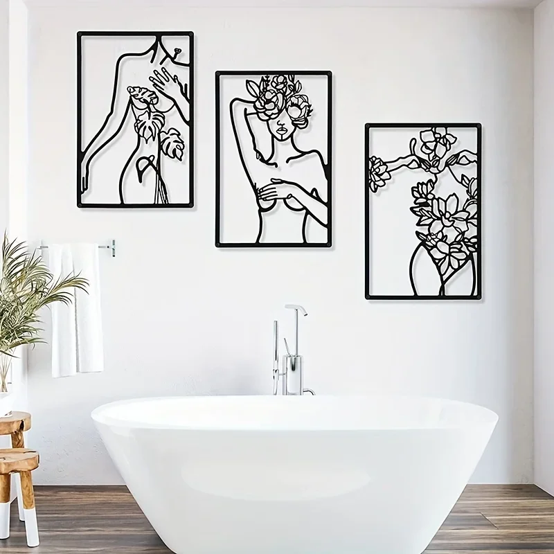 HelloYoung 3pc Minimalist Abstract Woman Wall Art - Metal Line Drawing Home Decor in Bedroom Kitchen Bathroom Wall Decor