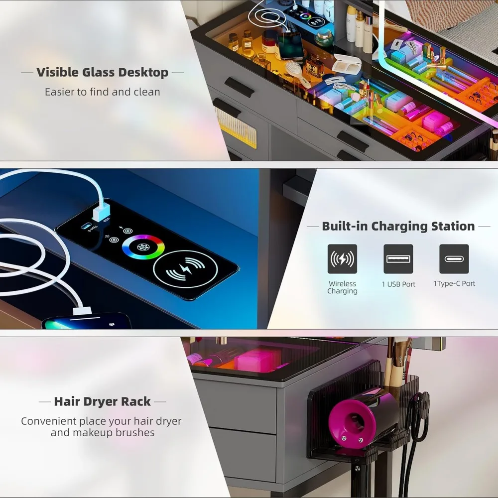 مكتب زينة RGB مع مرآة وأضواء منزلقة، زينة مكياج مع محطة شحن، طاولة زينة LED مع سطح زجاجي، فانيتي للفتيات