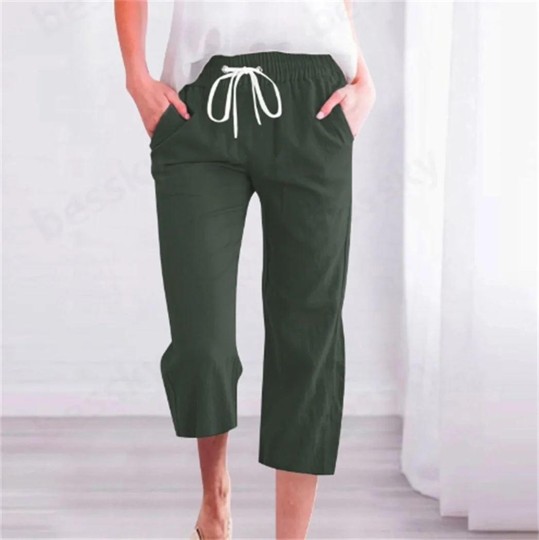 

Ladies spring and summer solid color lace-up pockets loose wide-leg seven-point casual pants