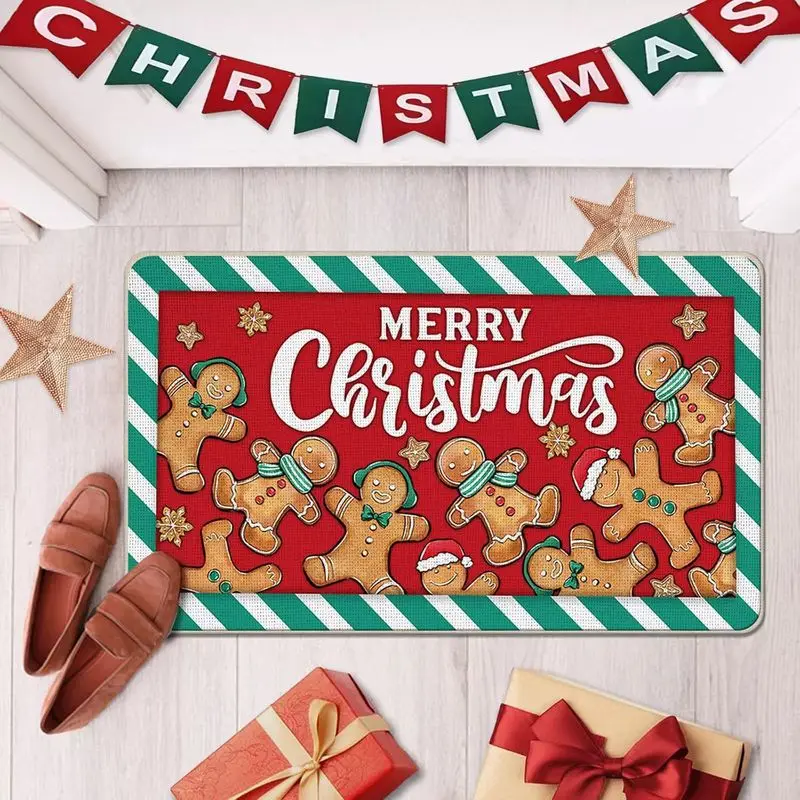 VIKAMA Red Green Striped Merry Yule Gingerbread Person Welcome Mat Festive Salutations Floor Padding Grip Backed Space Decor