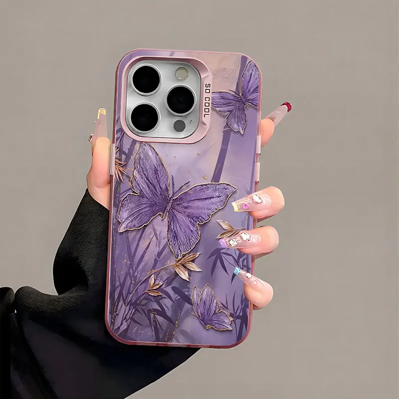 Purple Butterfly Print Electroplate Case For Xiaomi Redmi Note 13 12 11 Pro Shockproof Anti Drop Hard PC Phone Cover Fundas