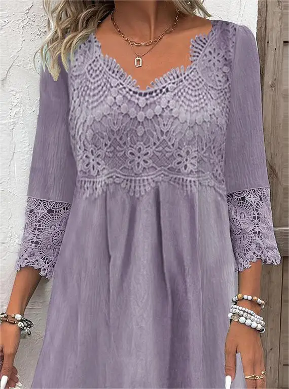 Plus Size Women's 3/4 Sleeve V-neck Solid Color Lace Midi Dress