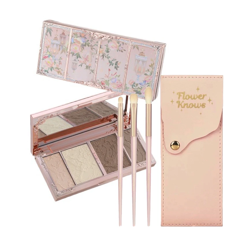 Flower Knows Makeup Butterfly Cloud Collar Embossed Highlight & Contour Palette Chocolate High Pigment Bronzers Brush Set