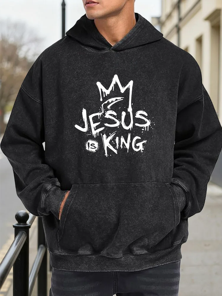Jesus Is King Men's Vintage Washed Graphic Hoodie Retro Distressed Pullover Streetwear Casual Sweatshirt