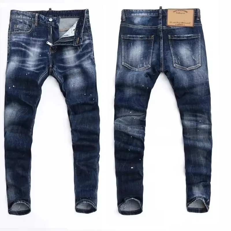 Marca de moda de alta calidad estilo europeo diseñador hombres Jean Retro azul estiramiento Slim Fit pintado rasgado Jeans hombres pantalones vaqueros