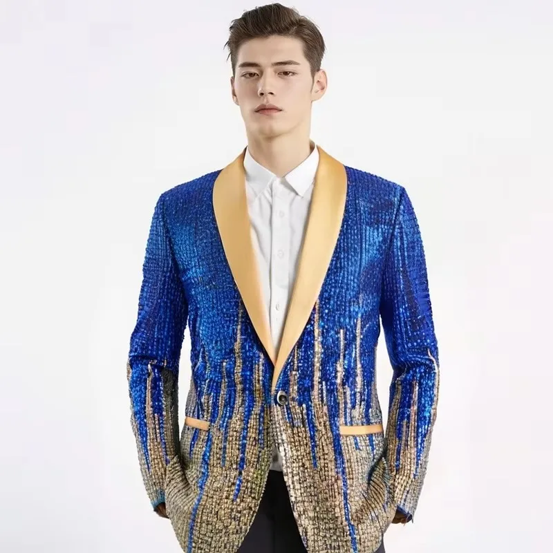 Men's Shiny Suit Jacket Sequins Colorful Meteor Gradient Luxury Blazer Shawl Collar Banquet Party Prom Stage Performance