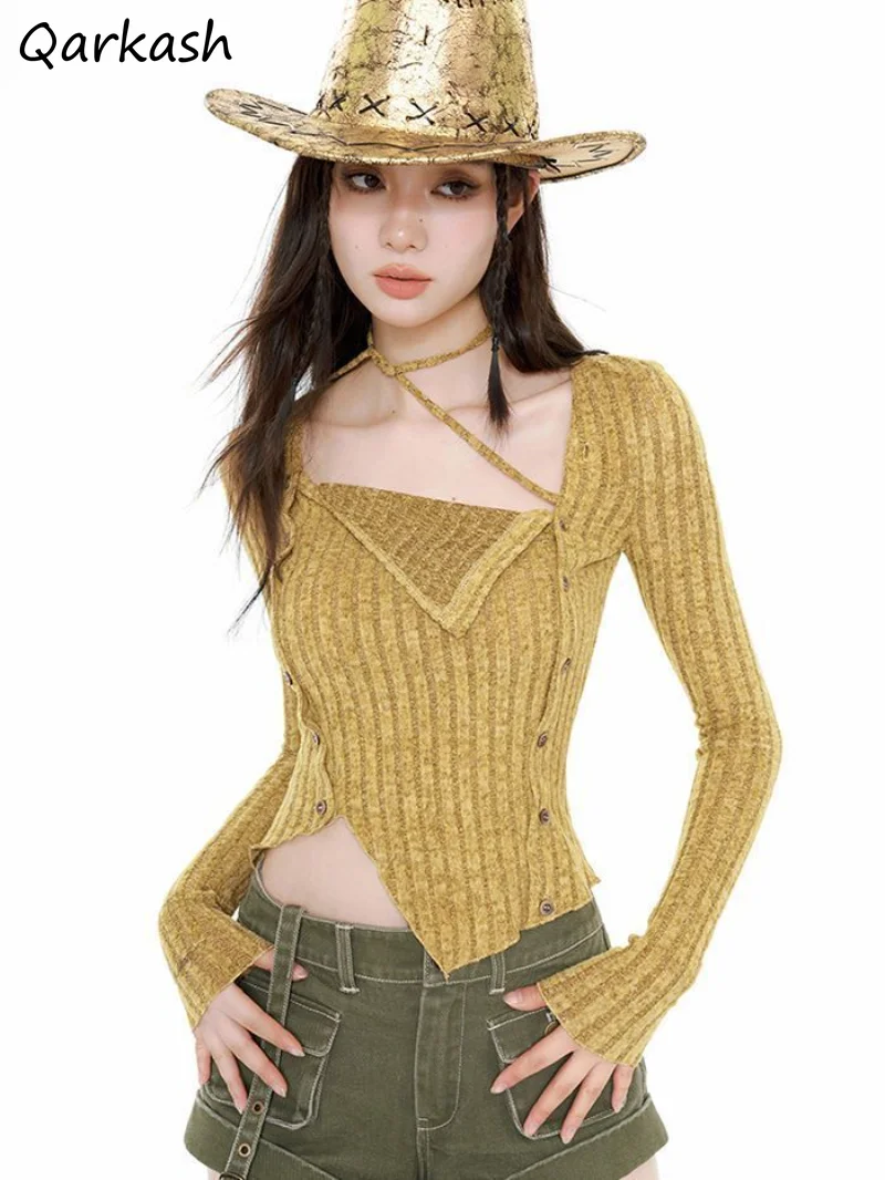 

Irregular Pullovers Women Slim Y2k Clothes Sweaters Solid Long Sleeve Pull Femme Elegant Cropped Knitwears Harajuku Korean Style