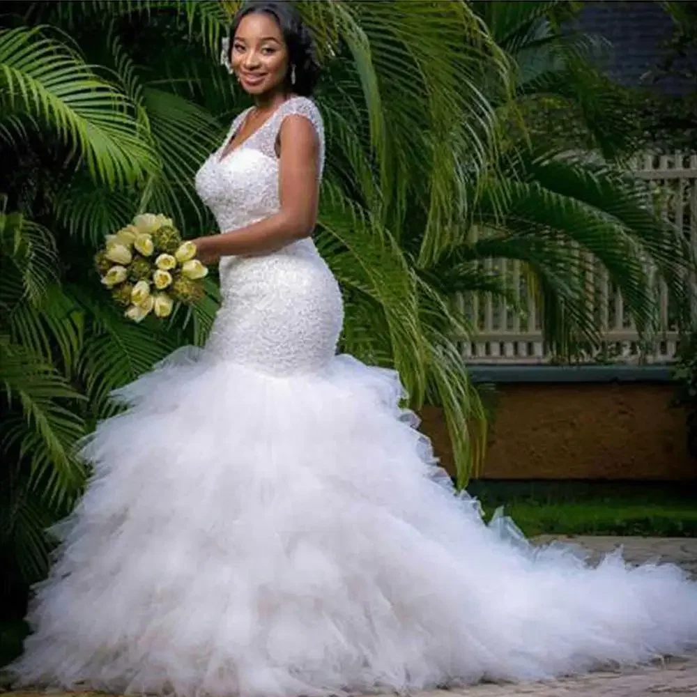 

Customized Luxurious Sequin Tulle Mermaid Dress Crystal African Beaded Applique Wedding Dresses Tiered Ruffle Bridal Gowns Forma