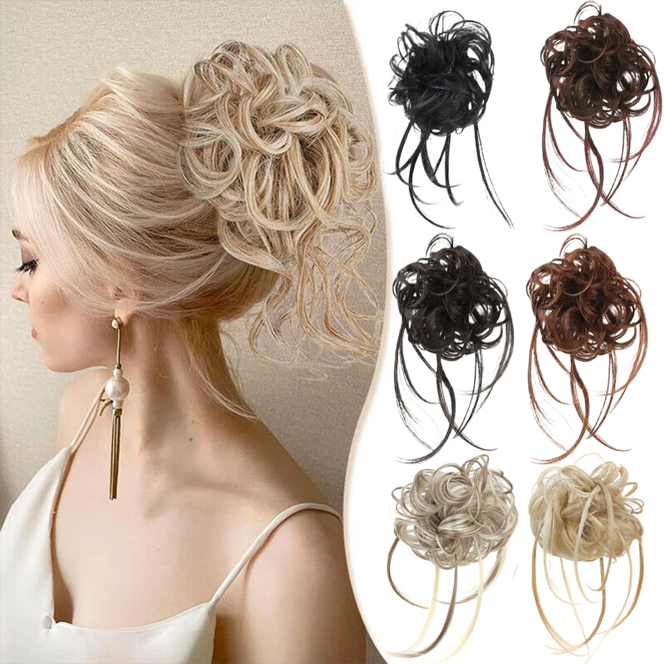 Synthetic Elastic Messy Bun Hairpieces Curly Scrunchie Black Blonde Brown Chignon Band Updo Donut For Women Natural Fake Hair