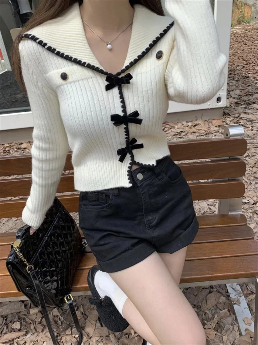 

PLAMTEE OL Sailor Collar Chic Sweaters Women Office Lady 2024 Spring High Street Full Sleeve Sweet New Daily Knitted Coats