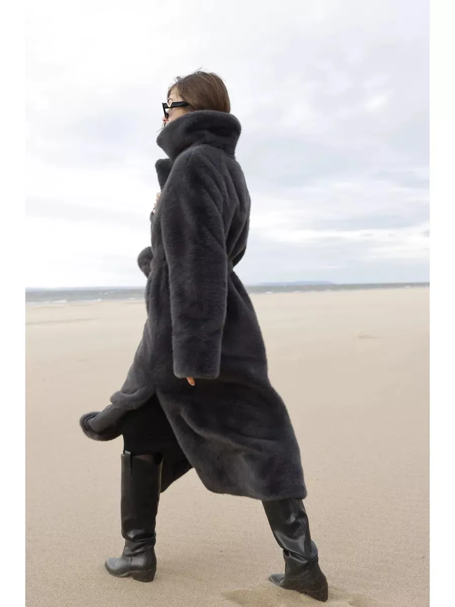 HDHOHR 2026 Winter Thick Warm Long Faux Mink Fur Coat Women With Belt Luxury High Quality Elegant Chic Fluffy Fur Jacket Girls