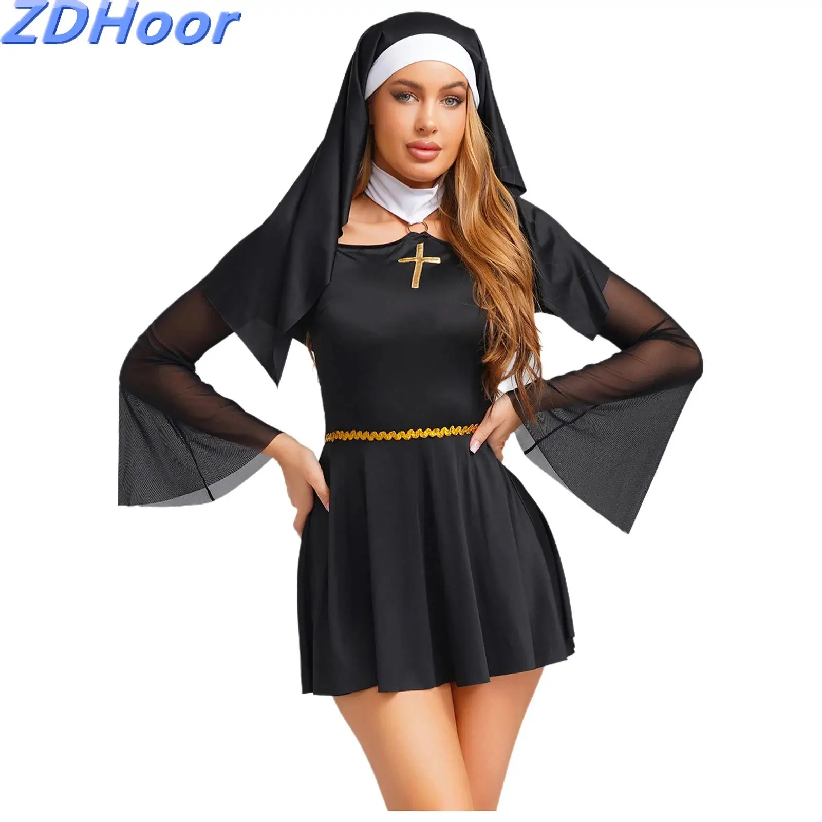 Vestido de Cosplay de monja para mujer, traje de malla con cuello Halter y hombros descubiertos, vestido de fiesta temático de Halloween, vestido de manga larga con pañuelo para la cabeza