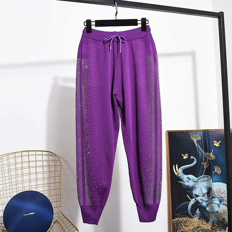 Hot Drilling Purple Knitting Two-piece Sets New Spring Autumn Luxury Diamonds Pullovers Sweater Top + Casual Sports Pants Suits