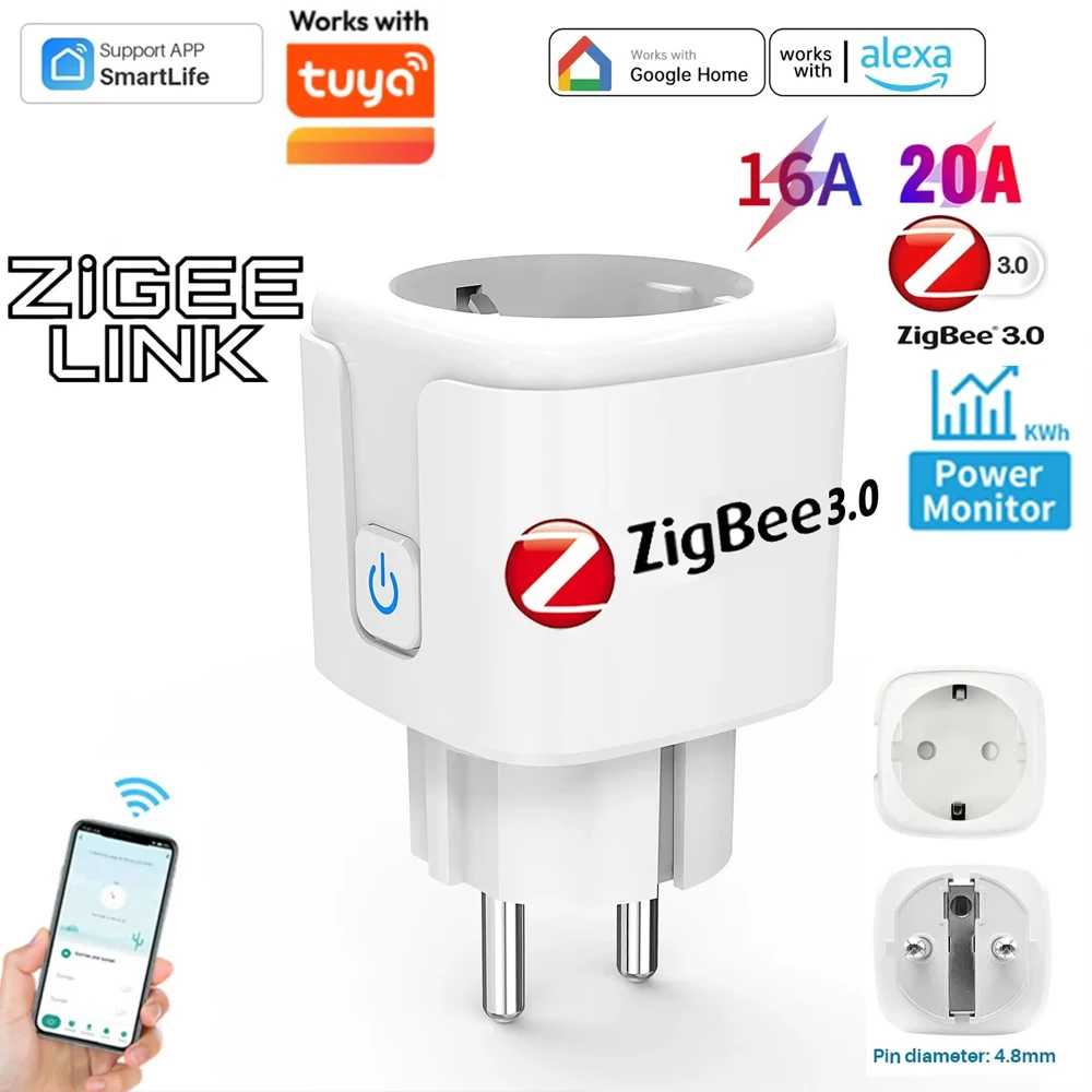 Prise intelligente Zigbee 3.0 16/20A EU, moniteur de puissance, commande vocale, fonction minuterie, fonctionne avec Tuya Alexa Google Home Smart Life