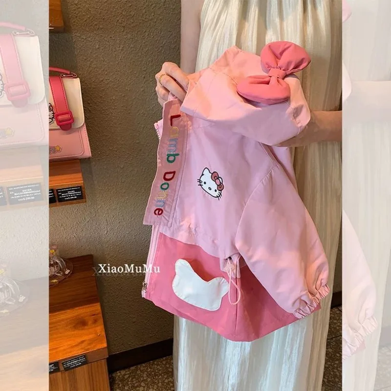 

2024 Hello Kitty Anime Kawaii Sanrio Ins Hardshell Jacket Cute Cartoon Sweet Fashion Long Sleeve Coat Clothing Gifts for Kids