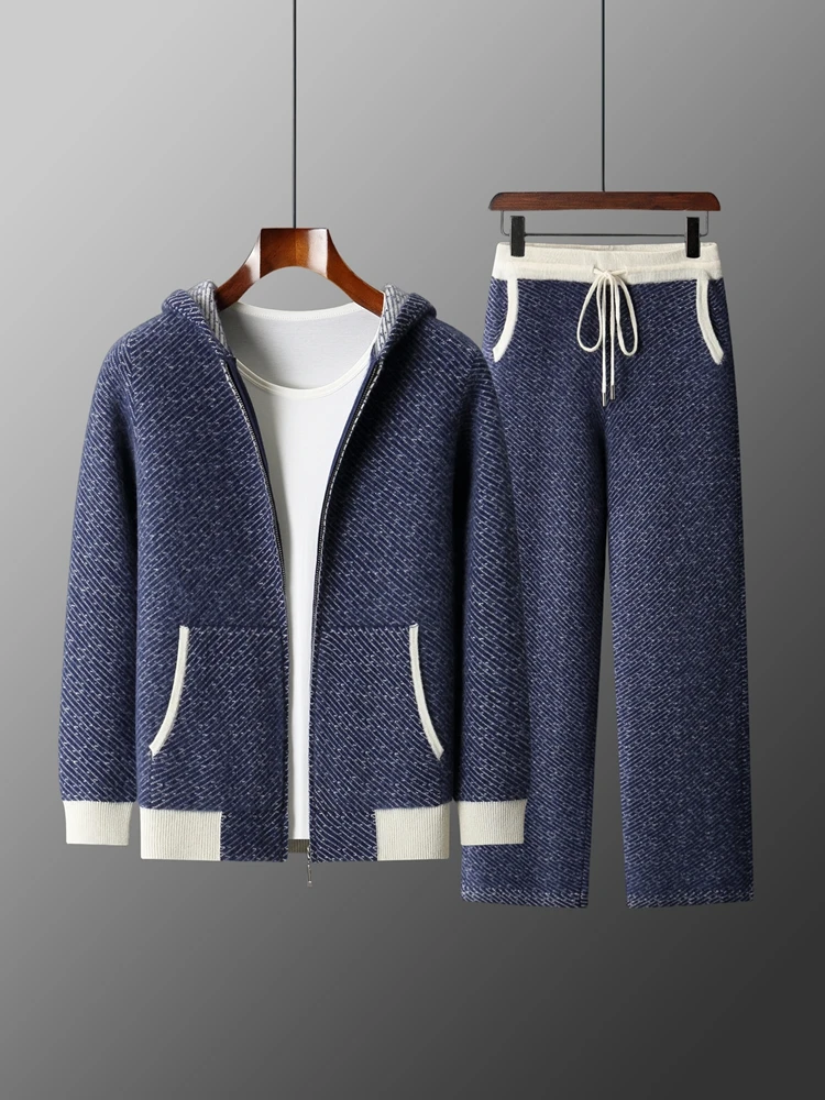 Men's Sweater Set Cardigan Pant 100% Merino Wool Clothes Autumn Winter Sweater Jacket Straight Pant Suit Jacquard Thicked Hoodie