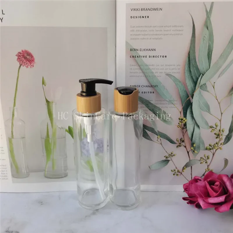 Sprzedaż Domowa Szklana Butelka na Wodę Bambusowa Zakrętka Wielokrotnego Użytku Makijaż Kosmetyki Toniki do Twarzy Opakowania Szampon Balsam Przezroczysty Pojemnik
