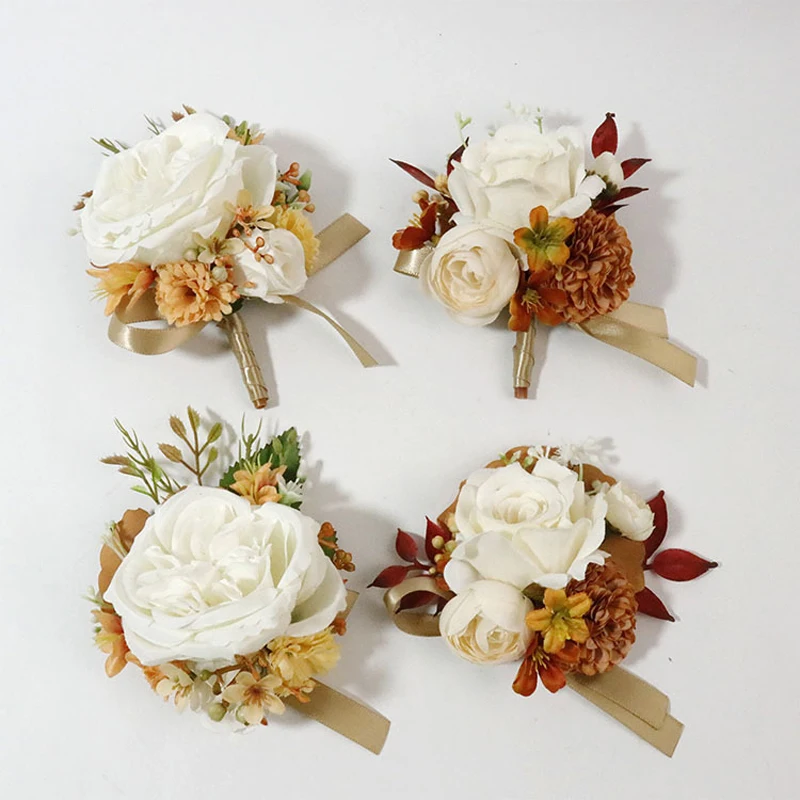 สีส้มกาแฟสีแต่งงาน Boutonniere Corsages Handmade ประดิษฐ์เจ้าสาวเจ้าบ่าวงานแต่งงานอุปกรณ์เสริมดอกไม้ Pins