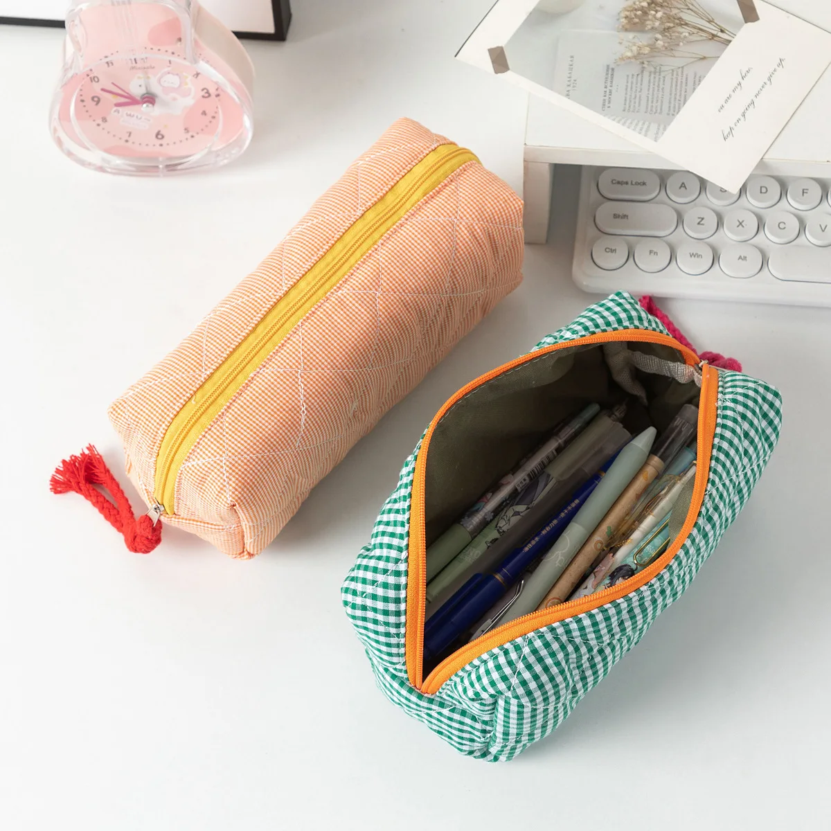 Ins Style Large Capacity Cosmetic Bag Portable Makeup Pouch Travel Toiletry Bag Color Block Plaid Pencil Case for Women Girls