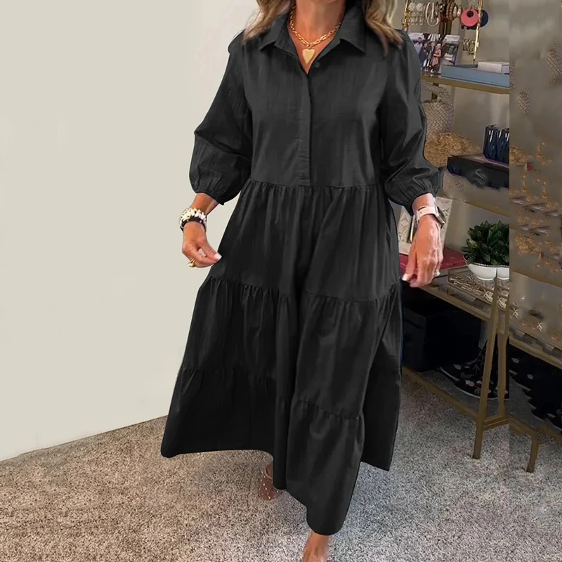 Abito ampio con bottoni e colletto rovesciato autunnale Abito casual da donna a maniche lunghe multicolore Abito maxi pieghettato da pendolarismo elegante