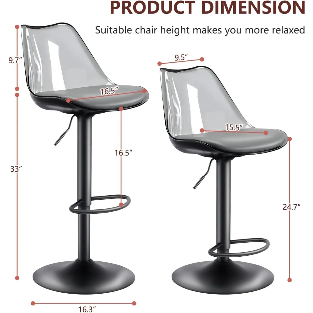 مجموعة مقاعد بار دوارة حديثة مكونة من 2، مقاعد منجدة من الجلد الصناعي مع مسند ظهر من الأكريليك الشفاف، شريط قابل للتعديل