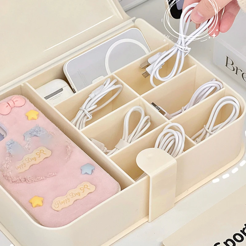 Kawaii Plastic Storage Box Organizer For Phone Case Charging Cable Cute Desk Organizers Portable Home Wire Organizer Container