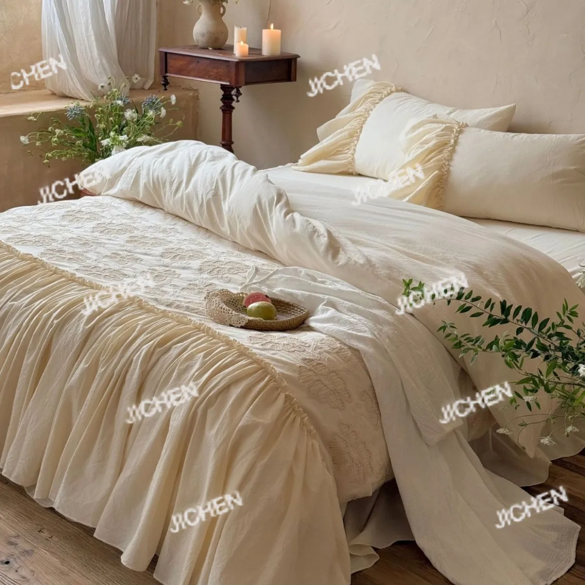 

HZ French Cotton Cotton Yarn-dyed Washed Cotton Bed Skirt Four-piece Girl's Heart Hollow Rope Embroidery