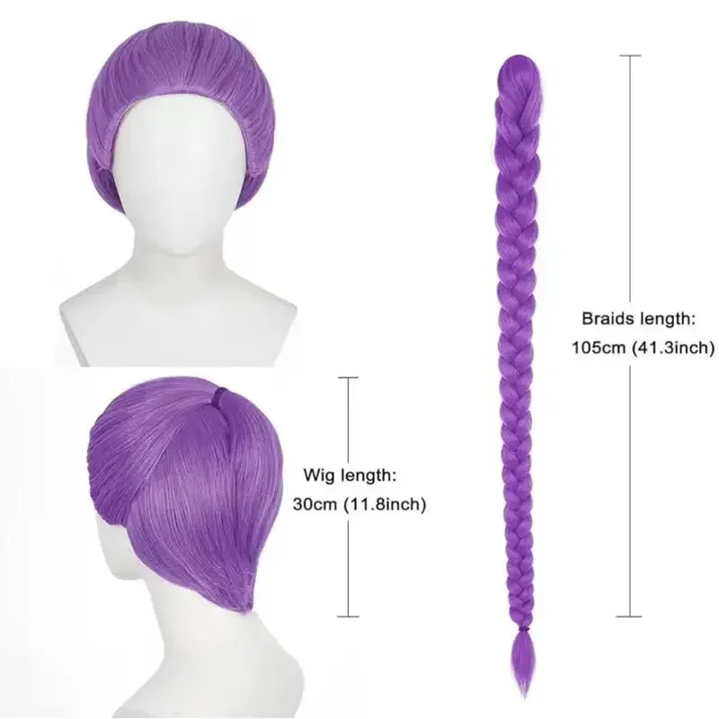 Peruka Cosplay dla dzieci, długa fioletowa peruka z warkoczami na klips dla kobiet, peruka z kucykiem na Halloween, przebranie (Rumi-fioletowy)
