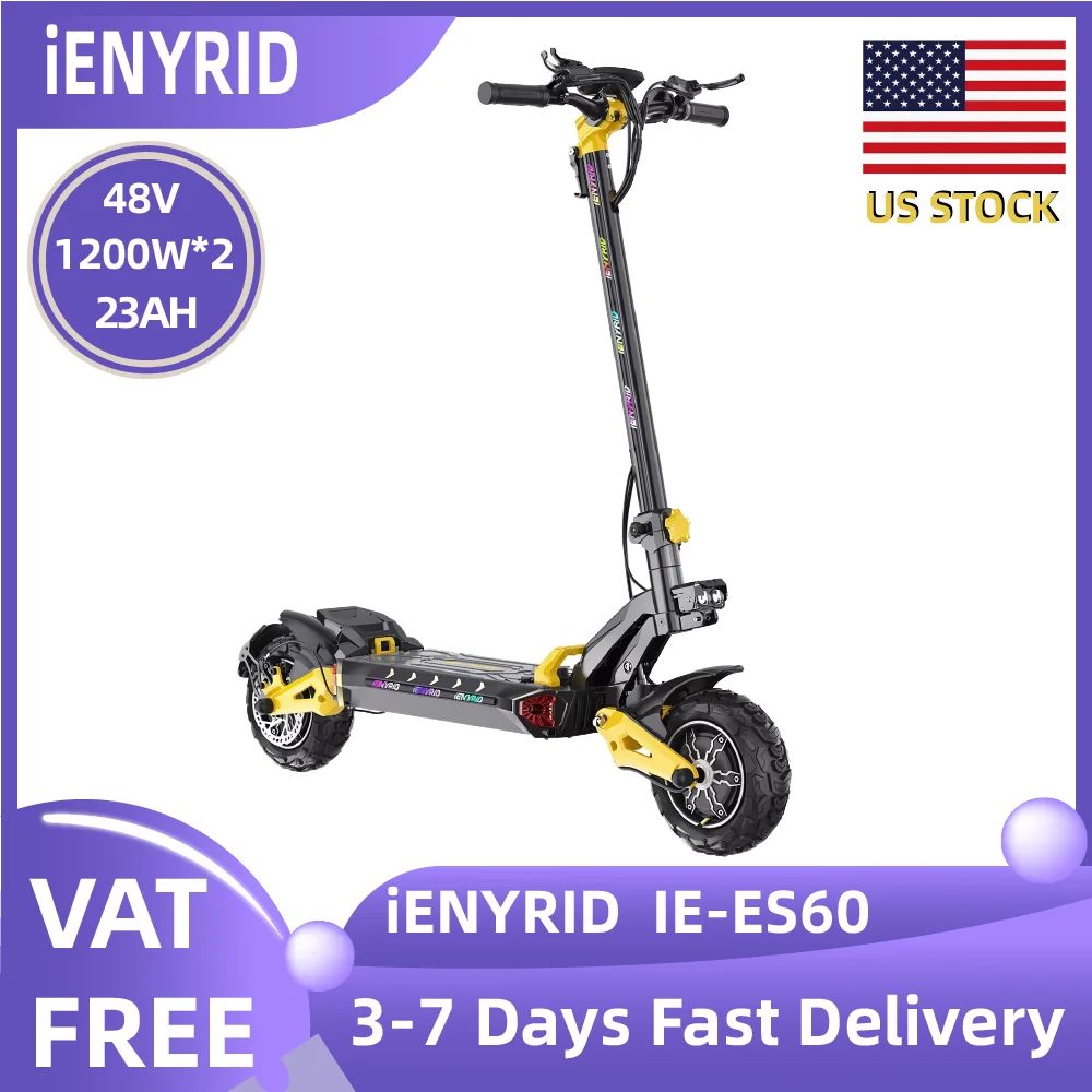 

iENYRID IE-ES60 1200W*2 Electric Scooter Adult Foldable Escooter 48V23AH Battery 11-inch Off Road Tires Scooter