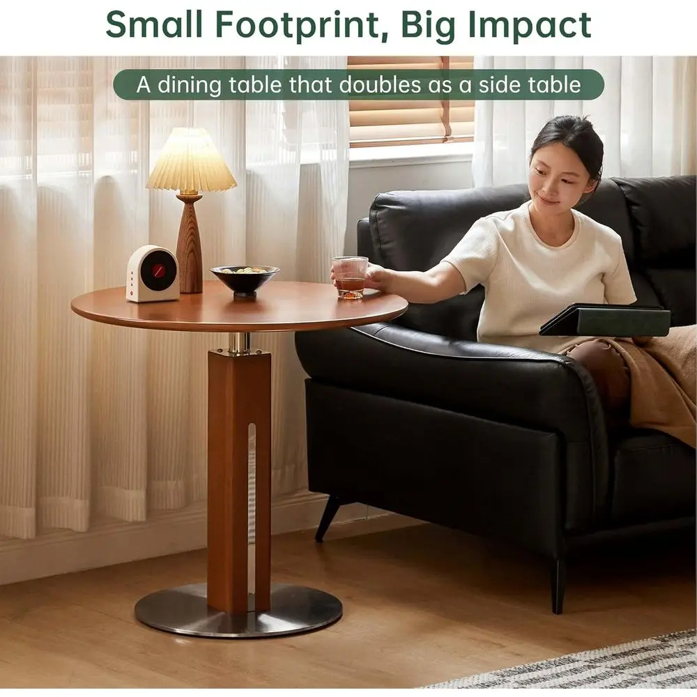 Compact Solid Wood Round Dining Table with Steel Base, Suitable for 2-3 People, Modern Century Style for Dining Room, Living Roo