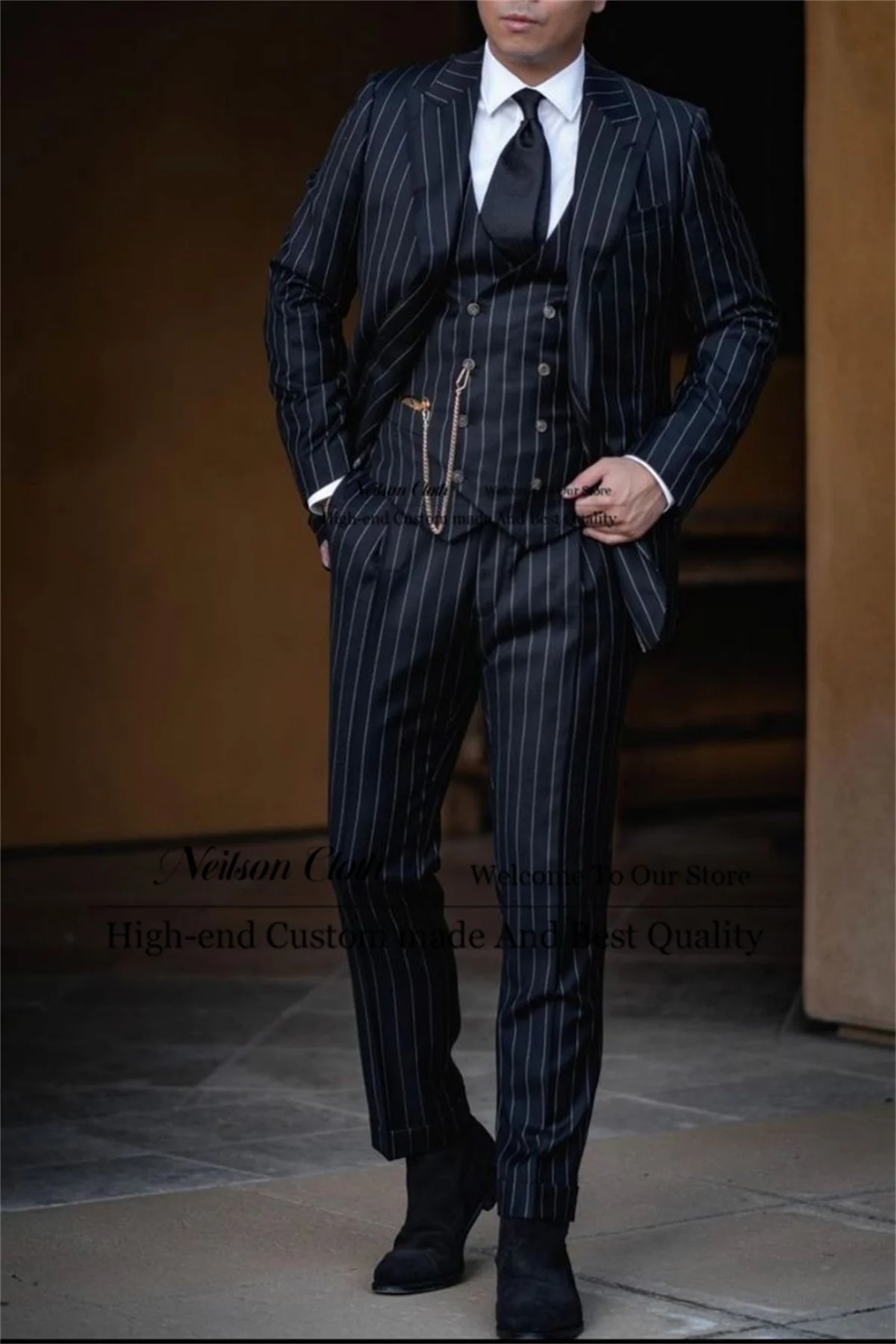 Formal Black Stripe Male Prom Blazers 3 Pieces Sets Groom Wedding Tuxedos For Men Business Peaked Lapel Slim Fit Costume Homme