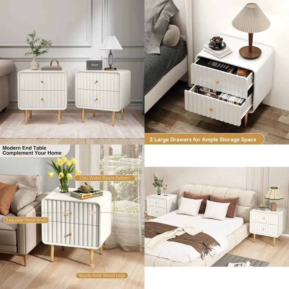 pair of modern fluted nightstands - white wood with gold handles and drawer storage