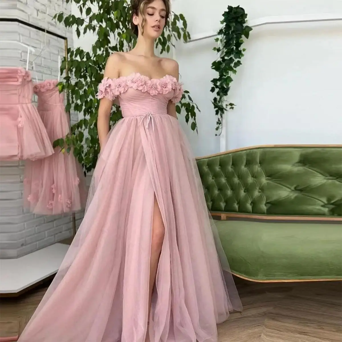 Luxury Handmade Flowers Tulle Graduation Dresses Off the Shoulder Backless High Slit Long Homecoming Dress Elegant Evening Gowns