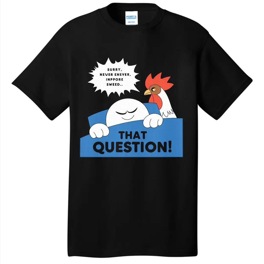 Cartoon Character & Rooster Graphic White T - Shirt, Casual Crew Neck Cotton T - shirt with Blue Rectangular Speech Bubble Desig