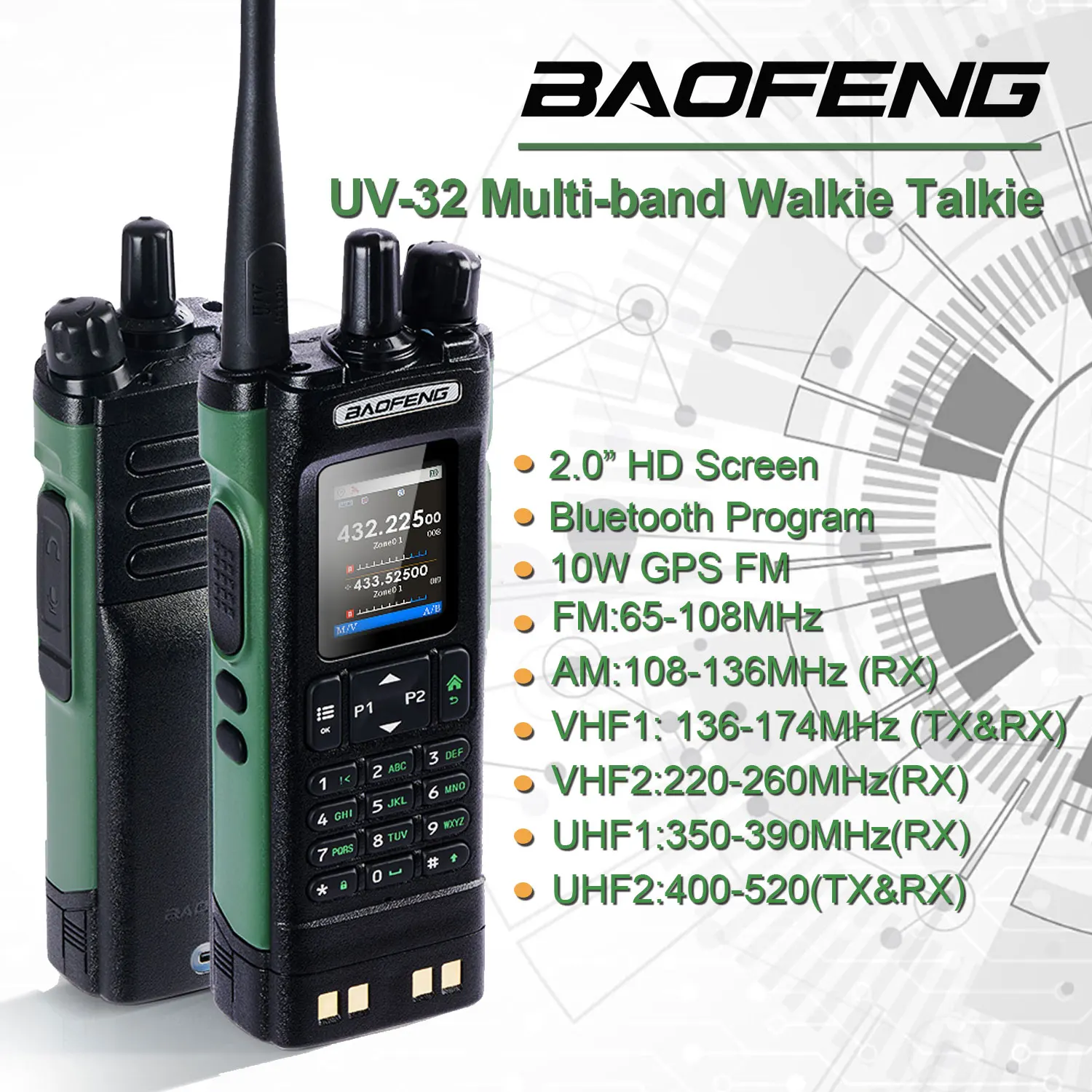 Baofeng UV-32 Multi-band 10W GPS Bluetooth Program Air Band FM Walkie Talkie 2.0” HD Display 2200mAh USB-C Charging Battery