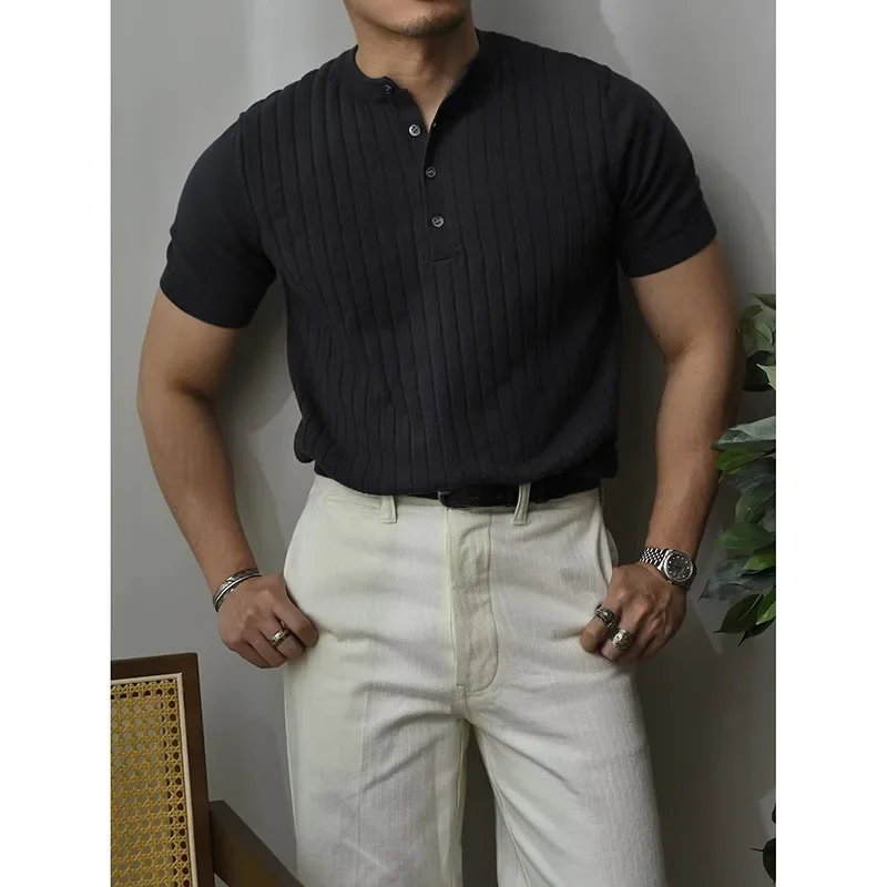 

Лето 2023, новые модные мужские трикотажные рубашки с отложным воротником Генри и короткими рукавами, повседневные модные однотонные деловые рубашки мужские