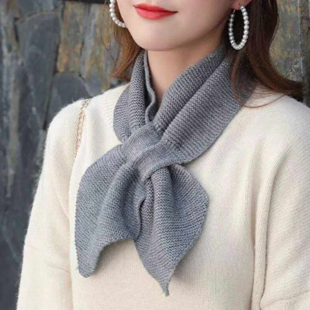 Korean Women Bowknot Cross Knit Ring Neck Scarves Fashion Female Autumn Winter Solid Color Elastic Soft Wool Warm Scarf