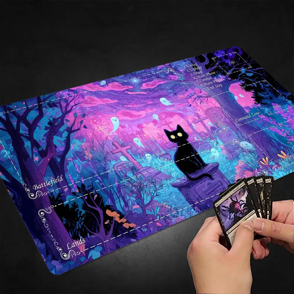 

Mysterious Cemetery and Black Cat MTG Playmat Magic Card Mat Stitched Edge Non-Slip Tabletop playmat Board Game Mat for TCG